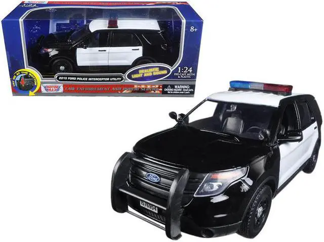 Main image of 2015 Ford Police Interceptor Utility Black and White with Flashing Light Bar and Front and Rear Lights and 2 Sounds 1/24 Diecast Model Car by Motormax