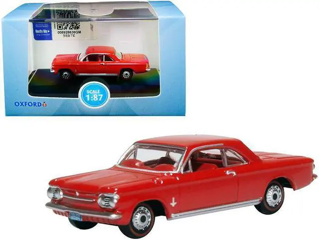 Alt view image 2 of 7 - 1963 Chevrolet Corvair Coupe Riverside Red with Red Interior 1/87 (HO) Scale Diecast Model Car by Oxford Diecast
