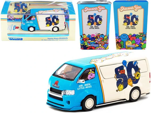 Main image of Toyota Hiace Widebody Van "Mr. Men Little Miss 50th Anniversary" (1971-2021) with METAL OIL CAN 1/64 Diecast Model Car by Tarmac Works