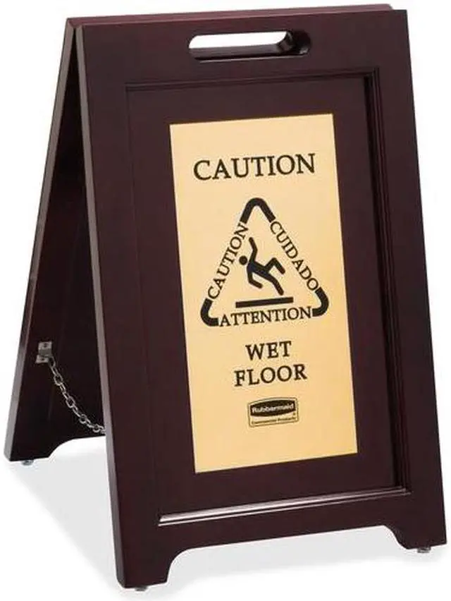 Alt view image 3 of 3 - Executive 2-Sided Multi-Lingual Caution Sign, Brown/Brass, 15 x 23 1/2 1867507