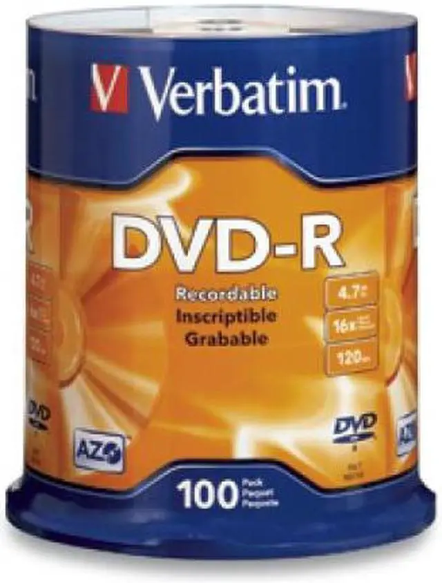 Main image of VERBATIM VER#95102 DVD Recordable Media - DVD-R - 16x - 4.70 GB - 100 Pack Spindle