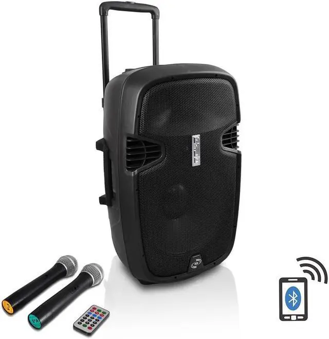 Alt view image 10 of 10 - New Pyle PPHP159WMU 15'' 1600 Watt Bluetooth Music Streaming Portable Loudspeaker System - Built-in Rechargeable Battery, 2 Wireless Mics, FM Radio, LCD Readout, USB & SD Card Readers