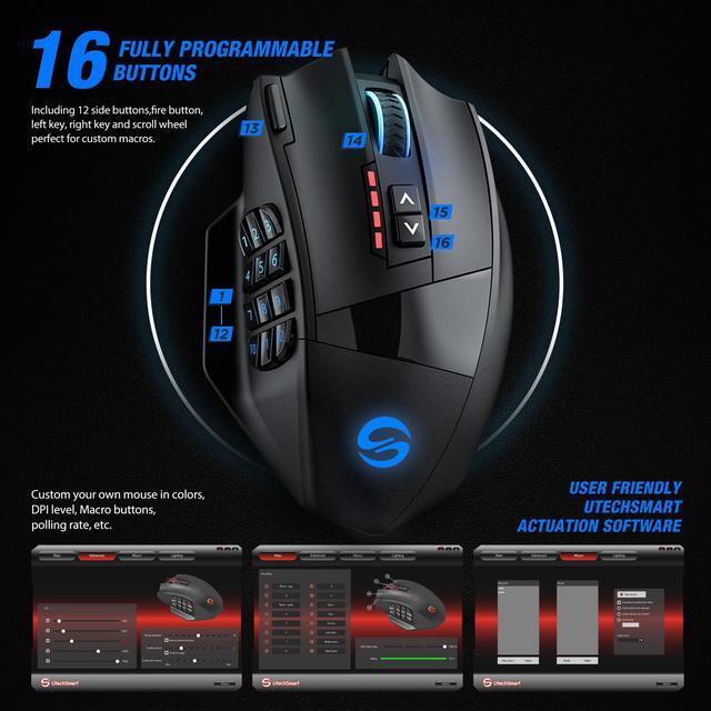 Alt view image 5 of 6 - UtechSmart Venus Pro RGB Wireless MMO Gaming Mouse, 16,000 DPI Optical Sensor, 2.4 GHz Transmission Technology, Ergonomic Design, 16M Chroma RGB Lighting, 16 Programmable Buttons, Up to 70 Hours