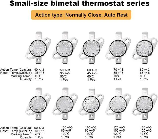 Alt view image 3 of 7 - 20pcs NC+NO KSD301 Thermostat 40-135°C/104-275°F(NC) 40-100°C/104-212°F(NO) Temperature Thermal Control Switch Assortment Kit