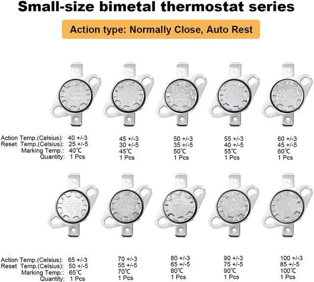 Alt view image 2 of 5 - 10pcs NC KSD301 Thermostat 40-100°C(104-212°F) Temperature Thermal Control Switch 40 45 50 55 60 65 70 80 90 100°C Normally Close Assortment Kit