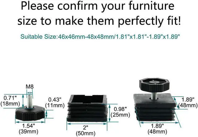 Alt view image 2 of 7 - Adjustable Leveling Feet 50 x 50mm Square Tube Insert Kit Furniture Glide 4 Sets