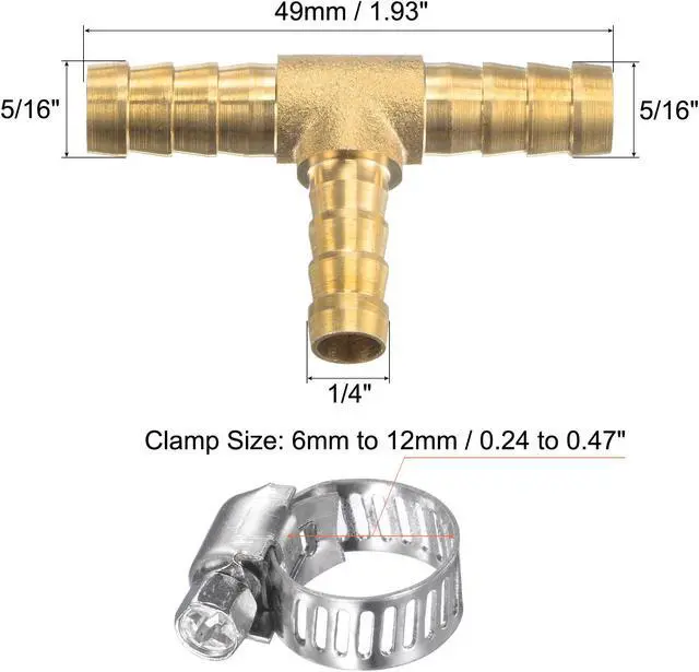 Alt view image 5 of 7 - Brass Hose Barb Fitting 5/16" x 5/16" x 1/4" OD Tee Pipe Connector with Stainless Steel Hose Clamps 1 Set