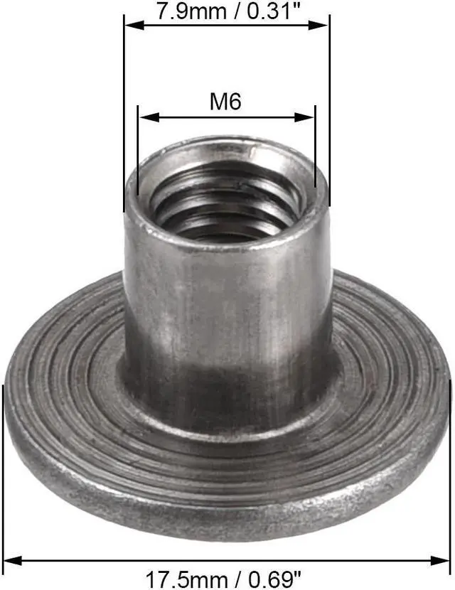 Alt view image 3 of 6 - 30Pcs M6x17.5x1.4mm Brad Hole Tee Nut Carbon Steel Round Base Screw-In T-Nut