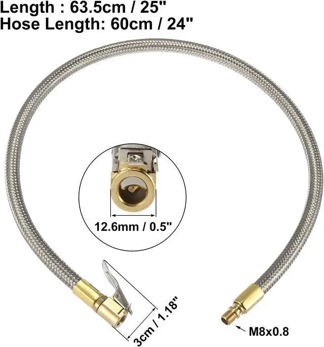 Alt view image 4 of 7 - Flexible Stainless Steel 60cm 24" Tire Valve Connect Pipe Air Chuck Inflator Compressor Pump Extension Hose for Car Motorbike Bike Quick Connect