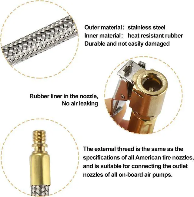 Alt view image 5 of 7 - Flexible Stainless Steel 60cm 24" Tire Valve Connect Pipe Air Chuck Inflator Compressor Pump Extension Hose for Car Motorbike Bike Quick Connect