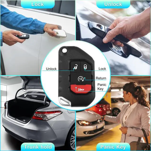 Alt view image 3 of 7 - Replacement Keyless Entry Remote Car Key Fob OHT1130261 433.92MHz 7939 Chip for Jeep Wrangler 2018 2019 2020 4 Buttons with Door Key