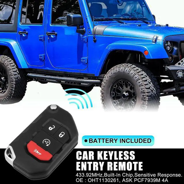 Alt view image 2 of 7 - Replacement Keyless Entry Remote Car Key Fob OHT1130261 433.92MHz 7939 Chip for Jeep Wrangler 2018 2019 2020 4 Buttons with Door Key