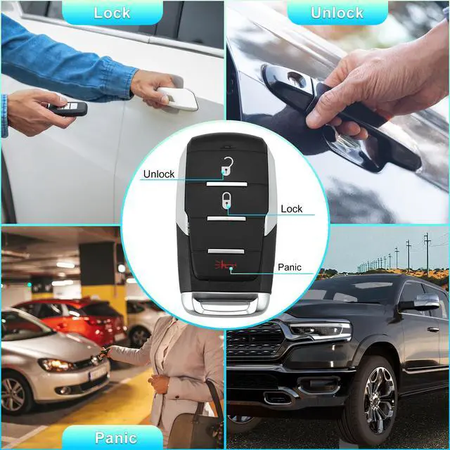 Alt view image 3 of 7 - Replacement Keyless Entry Remote Car Key Fob OHT-4882056 433.92Mhz for Ram 1500 2019-2022 3 Buttons with Door Key