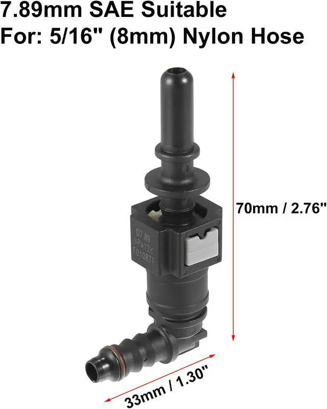 Alt view image 3 of 6 - 7.89mm SAE to 5/16 8mm 90 Degree Fuel Line Hose Quick Release Connector Disconnect Hose Nylon 2PCS
