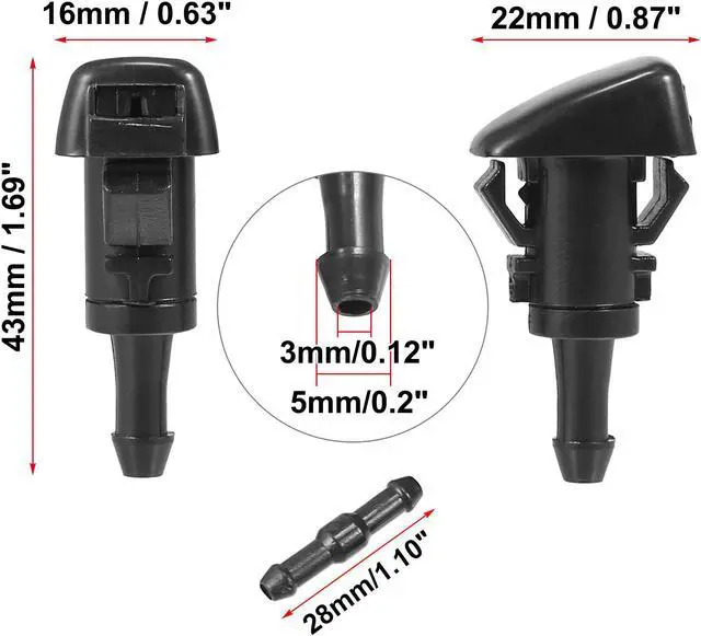 Alt view image 3 of 6 - 4pcs Car Front Windshield Washer Nozzles for Dodge Caliber 2007-2012 Replaces 5160308AA with 1 Meter Washer Fluid Hose 3 Pcs Hose Connectors