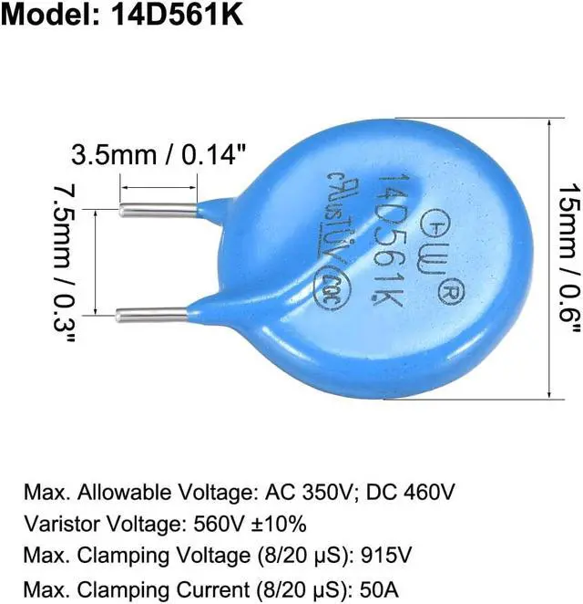 Alt view image 3 of 3 - 20Pcs Voltage Dependent Resistors AC 350V 14D561K L3.5 Radial Disc Varistors