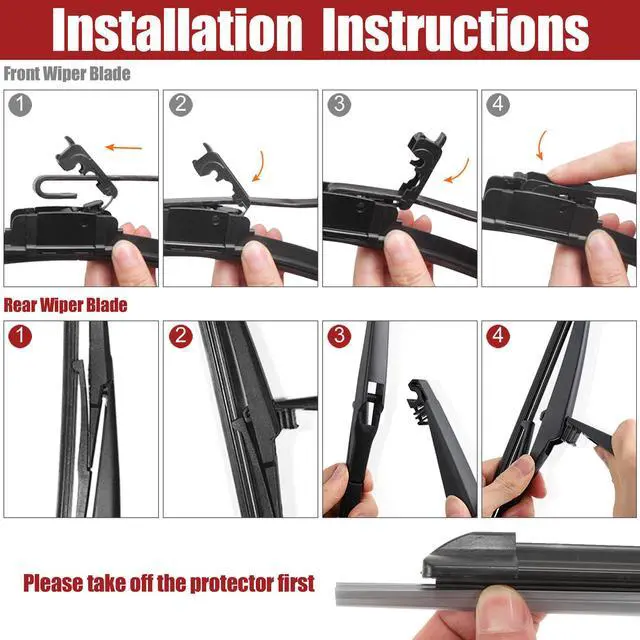 Alt view image 4 of 6 - 24" 19" 10" Front Rear Windshield Wiper Blade Set Fit for Infiniti QX56 with J / U Hook - Pack of 3 Black