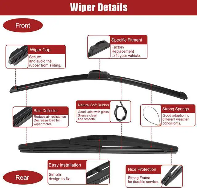 Alt view image 6 of 6 - 24" 19" 10" Front Rear Windshield Wiper Blade Set Fit for Infiniti QX56 with J / U Hook - Pack of 3 Black