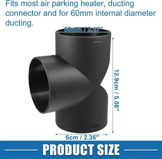 Alt view image 4 of 7 - T Piece Duct Air Ducting Connector Straight Air Heater Duct Joiner Connector Pipe 2.36'' 60mm OD Black