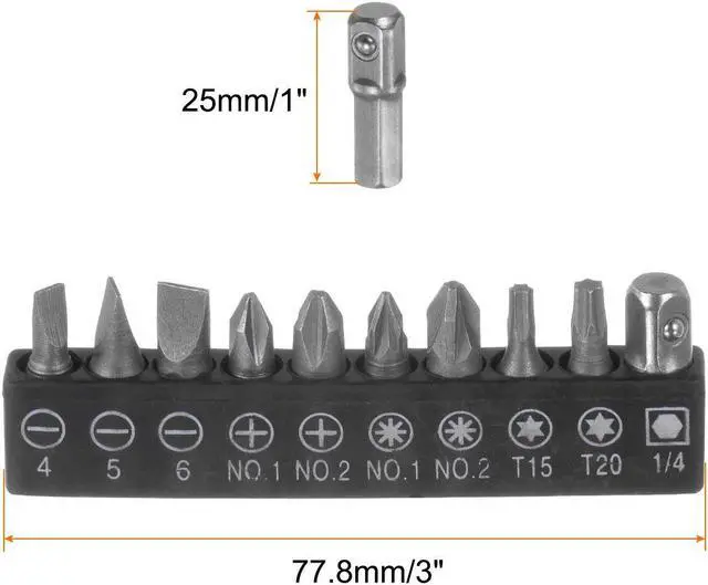 Alt view image 2 of 6 - 10 in 1 Screwdriver Bit Set 1/4" Hex Shank Torx Square Slotted Phillips Pozi Bit