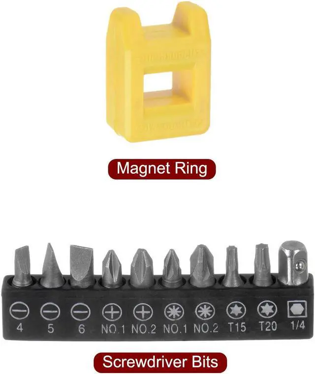 Alt view image 3 of 7 - 12 in 1 Screwdriver Bit Set 1/4" Hex Shank Torx Slotted Phillips Pozi Bit Set and Bit Magnetizer Ring with 6 Point Mini Ratchet Wrench