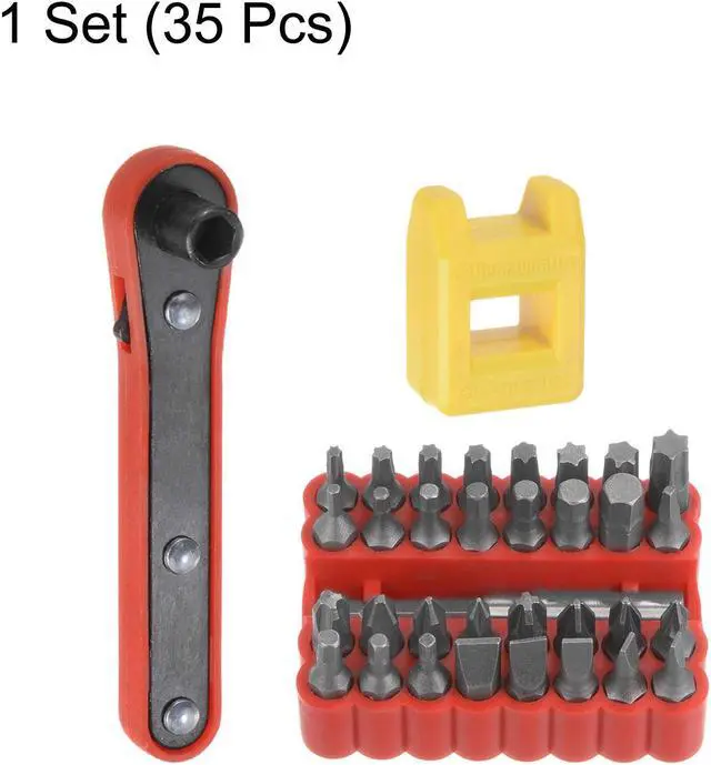 Alt view image 4 of 7 - 35 in 1 Screwdriver Bit Set 1/4" Hex Shank Torx Slotted Phillips Pozi Bit Set and Bit Magnetizer Ring with 6 Point Mini Ratchet Wrench