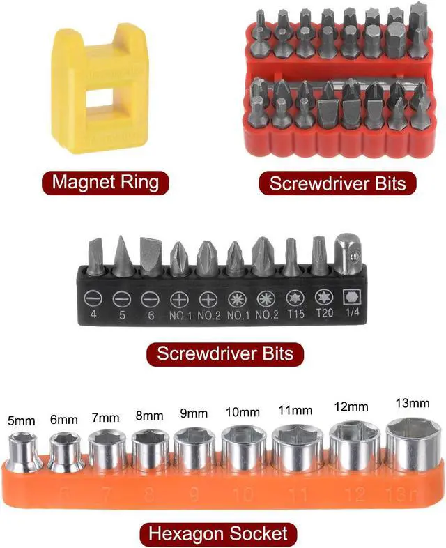 Alt view image 3 of 7 - 54 in 1 Screwdriver Bit Set 1/4" Hex Shank Torx Slotted Phillips Pozi Bit Set 5-13mm Metric Socket and Bit Magnetizer Ring with 6 Point Mini Ratchet Wrench