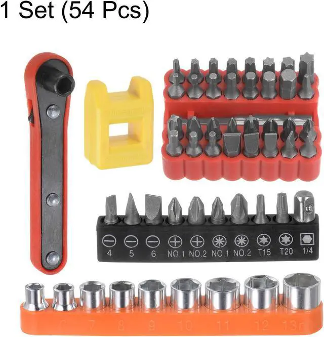 Alt view image 4 of 7 - 54 in 1 Screwdriver Bit Set 1/4" Hex Shank Torx Slotted Phillips Pozi Bit Set 5-13mm Metric Socket and Bit Magnetizer Ring with 6 Point Mini Ratchet Wrench