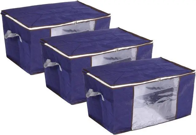 Main image of Clothes Storage Bag 3pcs, Foldable Storage Bins for Clothes, Comforters Storage Bags with Reinforced Handle, Sturdy Zipper, Closet Organizer with Clear Window-Dark Blue