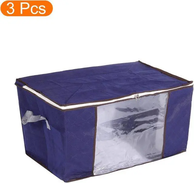 Alt view image 3 of 6 - Clothes Storage Bag 3pcs, Foldable Storage Bins for Clothes, Comforters Storage Bags with Reinforced Handle, Sturdy Zipper, Closet Organizer with Clear Window-Dark Blue