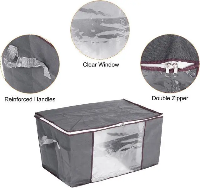 Alt view image 4 of 6 - Clothes Storage Bag with Reinforced Handles 4pcs, Clothes Storage Bins Foldable Closet Organizers for Comforters, Blankets, Clothing, Bedding with Clear Window-Grey