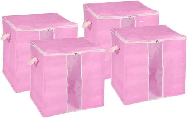Main image of Clothes Storage Organizer Bag with Reinforced Handle 4pcs, Comforters Storage Bag for Clothes, Bedding, Blankets, Foldable with Sturdy Zipper-Pink