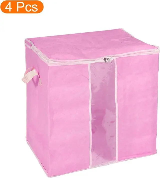 Alt view image 3 of 6 - Clothes Storage Organizer Bag with Reinforced Handle 4pcs, Comforters Storage Bag for Clothes, Bedding, Blankets, Foldable with Sturdy Zipper-Pink