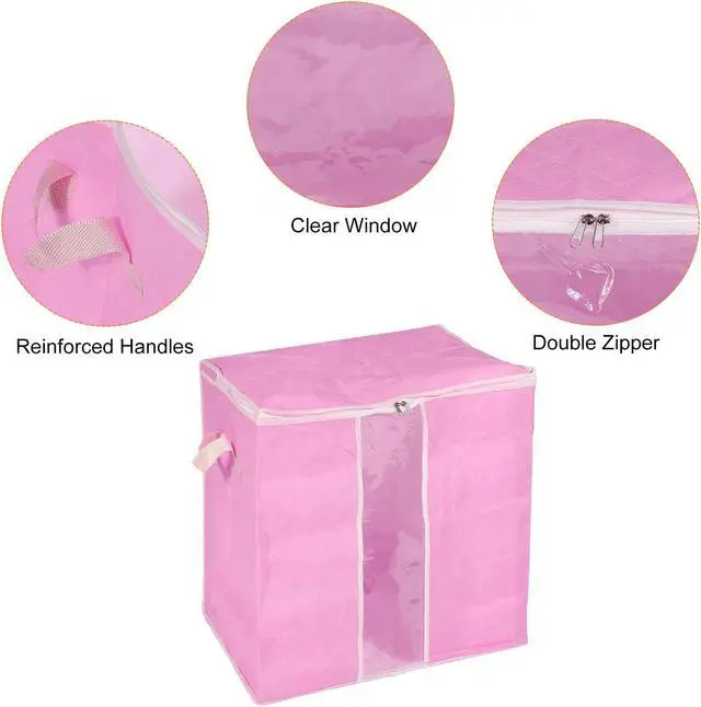Alt view image 4 of 6 - Clothes Storage Organizer Bag with Reinforced Handle 4pcs, Comforters Storage Bag for Clothes, Bedding, Blankets, Foldable with Sturdy Zipper-Pink