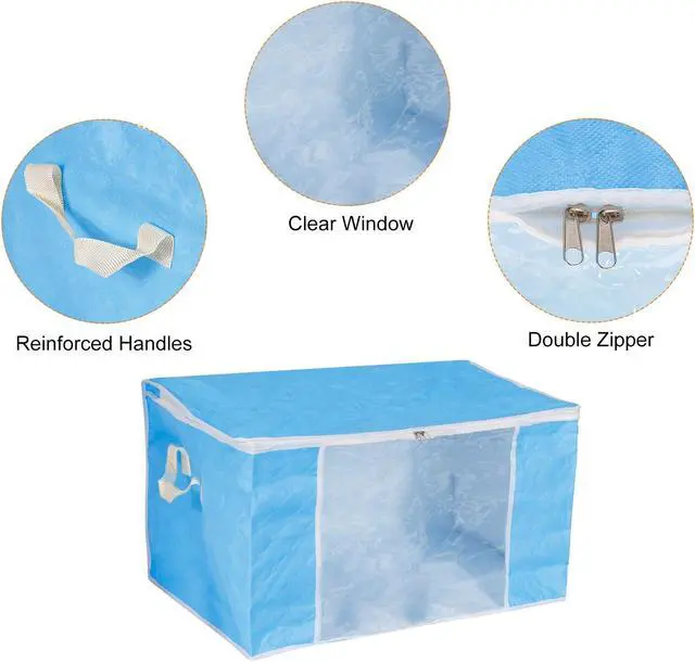 Alt view image 4 of 6 - Clothes Storage Bag 3pcs, Foldable Storage Bins for Clothes, Comforters Storage Bags with Reinforced Handle, Sturdy Zipper, Closet Organizer with Clear Window-Sky Blue