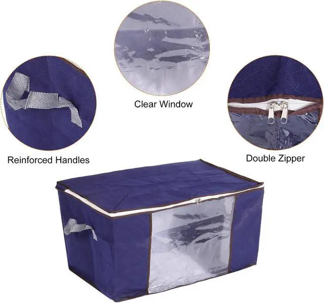 Alt view image 4 of 6 - Clothes Storage Bag with Reinforced Handles 4pcs, Clothes Storage Bins Foldable Closet Organizers for Comforters, Blankets, Clothing, Bedding with Clear Window-Dark Blue