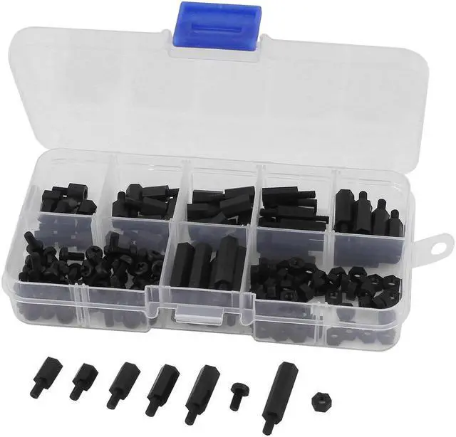 Main image of Unique Bargains 180 Pcs M3 Nylon Hex Spacers Screw Nut Stand-off Plastic Assortment Kit Black