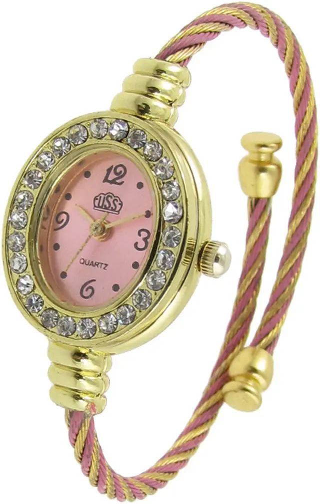 Main image of Unique Bargains Woman Rhinestone Decor Light Pink Oval Dial Quartz Bracelet Wrist Watch