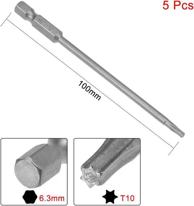 Alt view image 2 of 4 - 5pcs 100mm Long 1/4" Hex Shank T10 Magnetic Torx Head Screwdriver Bits S2 High Alloy Steel