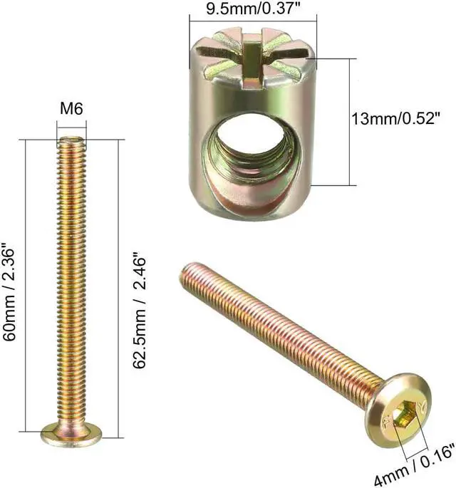 Alt view image 3 of 3 - M6x60mm Furniture Bolt Nut Set Hex Socket Screw with Barrel Nuts Phillips-Slotted Zinc Plated 10 Sets