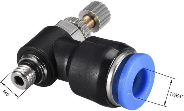 Alt view image 2 of 3 - Push-to-Connect Air Flow Control Valve, Elbow, 15/64" Tube OD x M5 Male Thread Speed controller Valve Tube fitting Blue, 5pcs