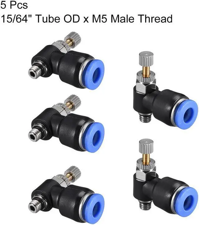 Alt view image 3 of 3 - Push-to-Connect Air Flow Control Valve, Elbow, 15/64" Tube OD x M5 Male Thread Speed controller Valve Tube fitting Blue, 5pcs