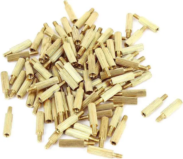 Main image of Unique Bargains 100Pcs Gold Tone Knurled Male Female Thread Column Pillars Standoff M2x10mm