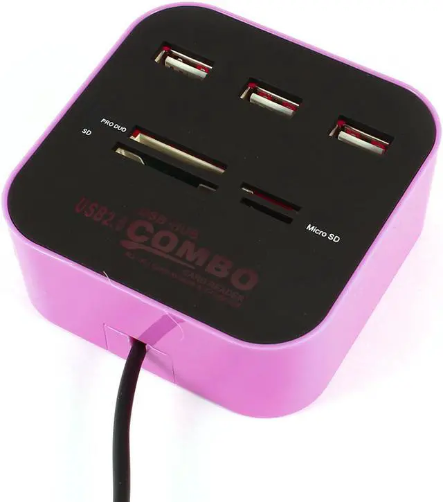 Main image of Global Bargains 3 Port Powered USB 2.0 Hub Expander + Multi Memory Card Reader Pink