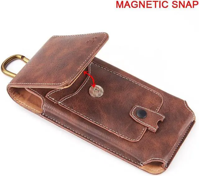 Alt view image 4 of 6 - Premium Vertical Leather Pouch Case with Carabiner Clip (6 to 6.49 inch Screen Size) - Brown