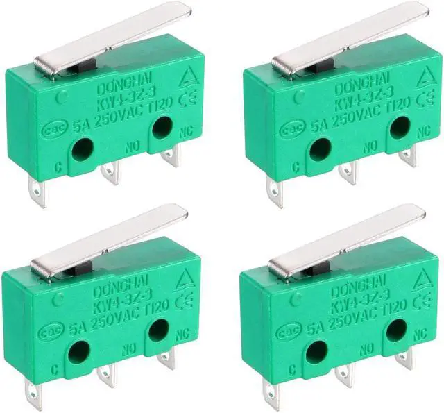 Main image of 4PCS KW4-3Z-3 Micro Limit Switch SPDT NO NC 3 Terminals Momentary Short Straight Lever Type Green