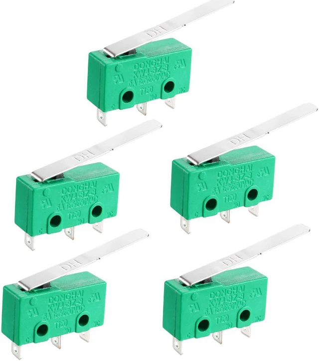 Main image of 5PCS KW4-3Z-3 5A125/250VAC Micro Limit Switch SPDT NO NC 3 Terminals Momentary Long Hinge Lever Green