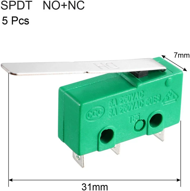 Alt view image 2 of 4 - 5PCS KW4-3Z-3 5A125/250VAC Micro Limit Switch SPDT NO NC 3 Terminals Momentary Long Hinge Lever Green