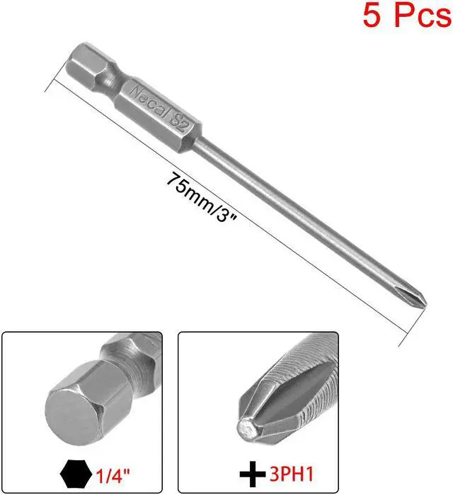 Alt view image 2 of 4 - 5Pcs 1/4-Inch Hex Shank 75mm Length Phillips 3PH1 Magnetic Screw Driver S2 Screwdriver Bits