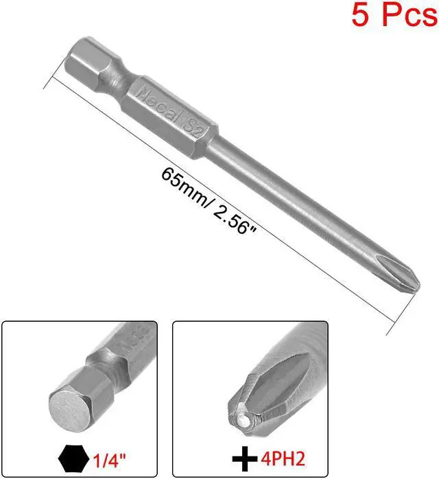 Alt view image 2 of 4 - 5Pcs 1/4-Inch Hex Shank 65mm Length Phillips 4PH2 Magnetic Screw Driver S2 Screwdriver Bits